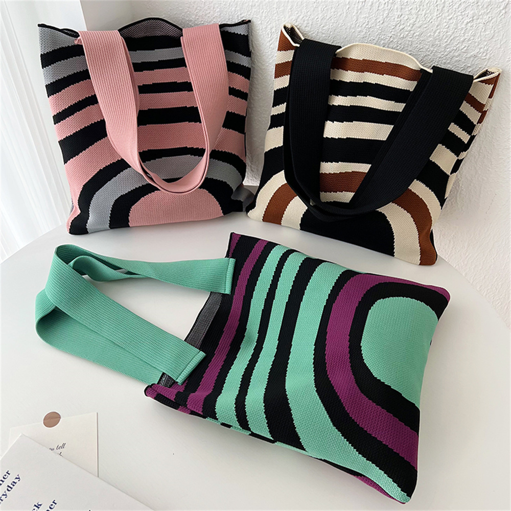 Evening Bags Large Capacity Knit Handbag Women Shoulder Bag Female Casual Simple Stripe Plaid Tote Student Reusable Canvas Shopping 230720