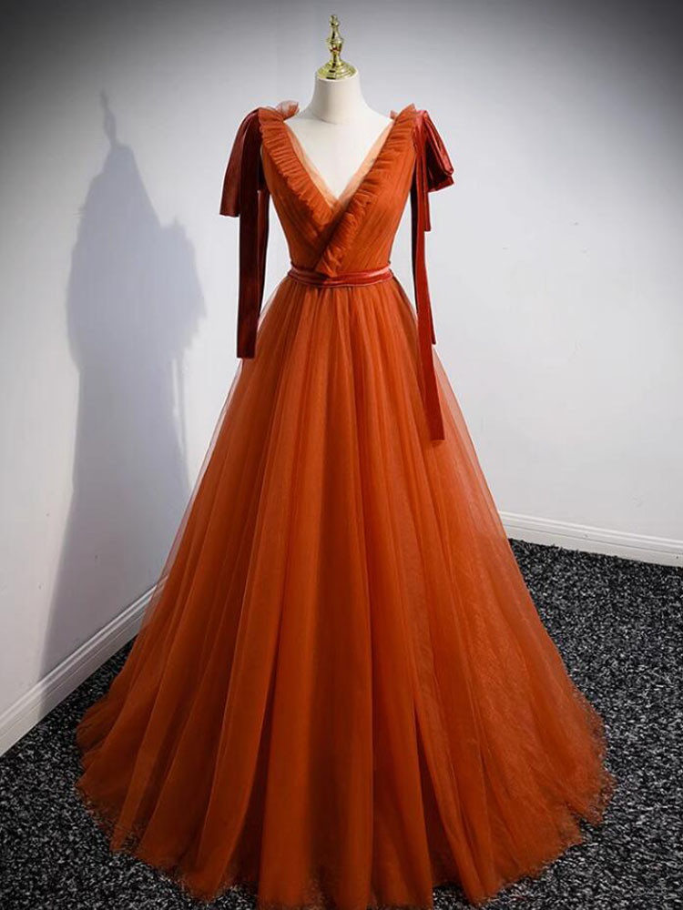 Elegant Orange Evening Dress V-Neck Soft Tulle with Velvet Long Prom Gowns