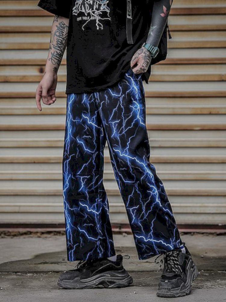 Men's Pants High Street Punk Lightning Print Straight Casual Men Loose Allmatch Dark Hiphop Pendant Anklelength Trousers 230720