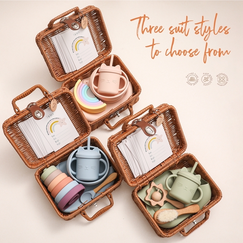 Cups Dishes Utensils Let's Make Silicone Baby Feeding Tableware Set Baby Bib Gift Silicone Bib Baby Silicone Rainbow Stacker Toy Baby Birth Box G