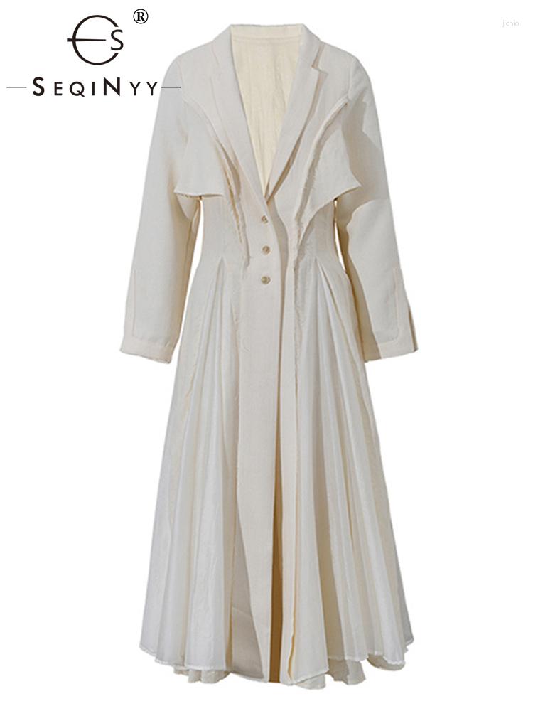 Casual Dresses SEQINYY Elegant Beige Dress Spring Autumn Fashion Design Women Runway High Street Linen Lapel Loose A-Line Midi