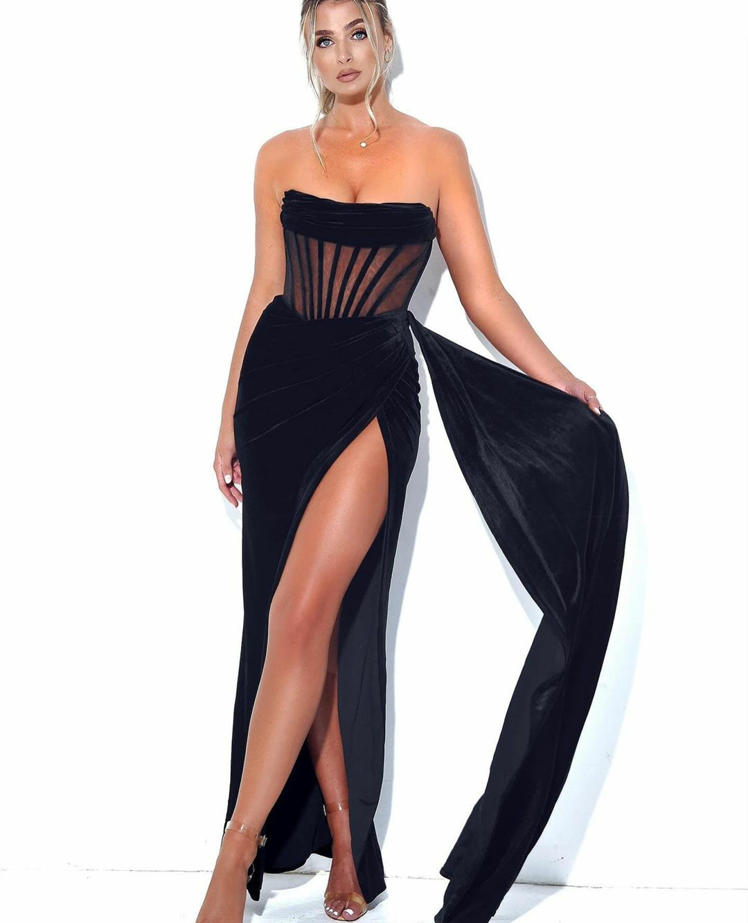Sexy Long Black Velvet Evening Dresses With High Slit Mermaid Strapless Floor Length Zipper Back Prom Dresses With Pleats for Women