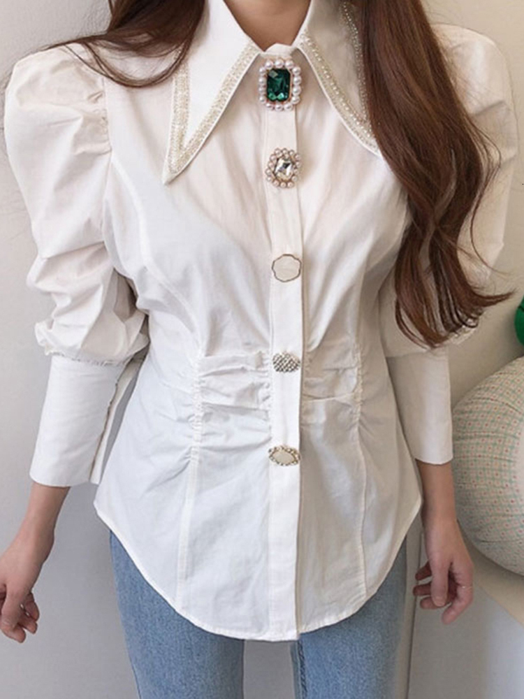 Women's Blouses Shirts Circyy Women Shirts French Vintage Blouse Spring Button Up Shirt Pointed Collar Long Puff Sleeve Pearl Button Slim White T