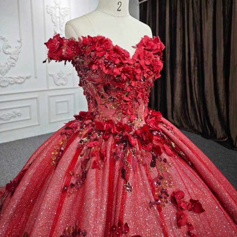 Red Shiny Off The Shoulder Quinceanera Dresses Ball Gown 3D wers Appliques Beading Crystal Corset Princess 15 vestidos de quinceanera anos Sweet 16 Dr