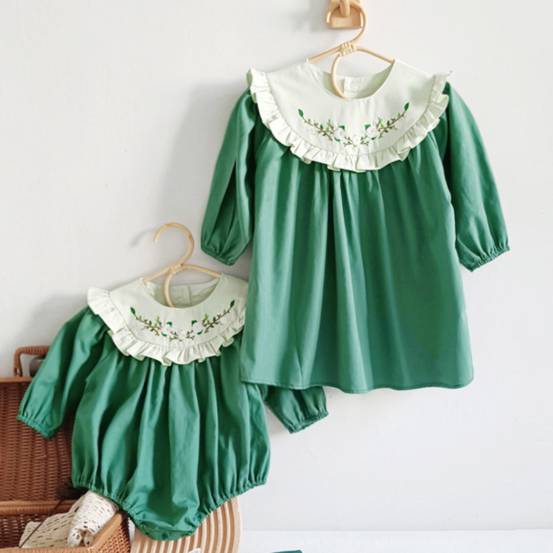 Rompers Spring Kids Baby Girl Long Sleeves Embroidery Sister Dress Rompers Autumn Infant Baby Girl born Dress Rompers Clothes 230720