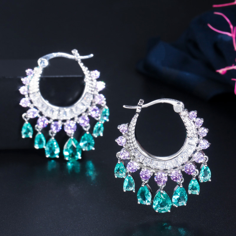 Stud CWWZircons Elegant Purple Blue CZ Crystal Dangle Water Drop Tassel Hoop Earrings Fashion Bridal Wedding Boho Jewelry CZ741 230719