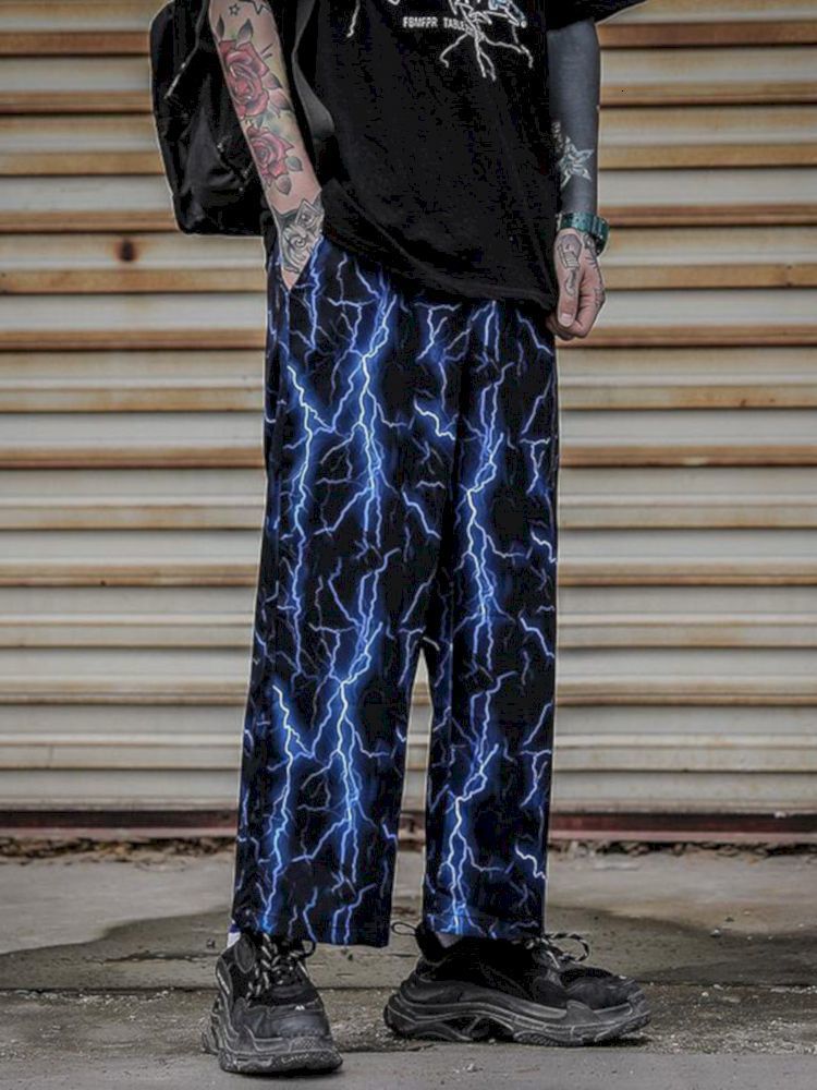 Men's Pants High Street Punk Lightning Print Straight Casual Men Loose Allmatch Dark Hiphop Pendant Anklelength Trousers 230720