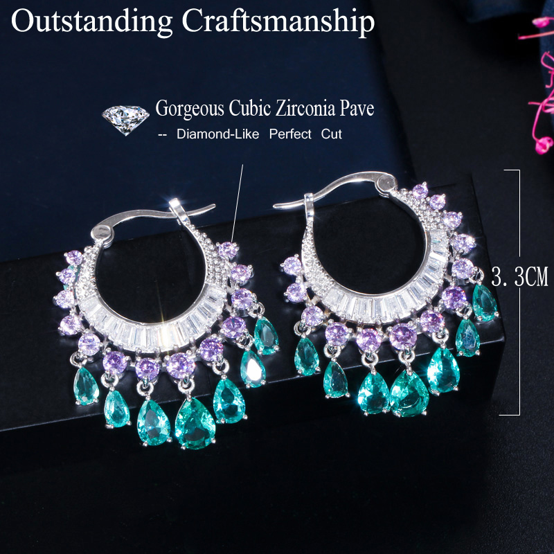 Stud CWWZircons Elegant Purple Blue CZ Crystal Dangle Water Drop Tassel Hoop Earrings Fashion Bridal Wedding Boho Jewelry CZ741 230719