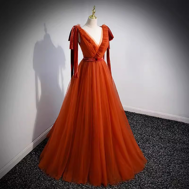 Elegant Orange Evening Dress V-Neck Soft Tulle with Velvet Long Prom Gowns