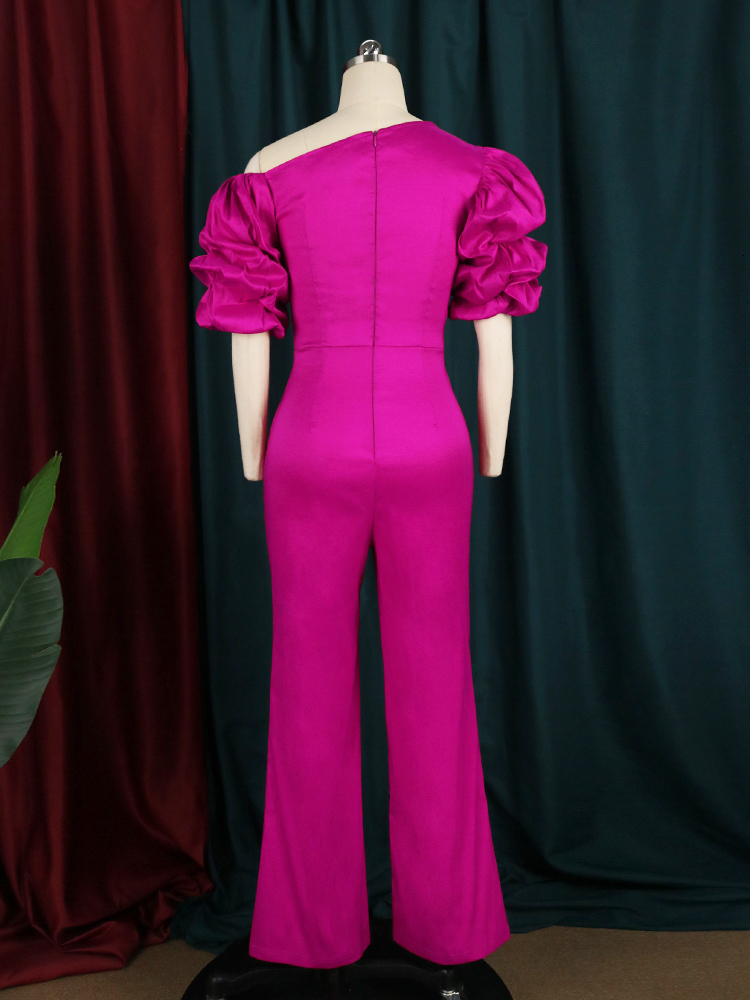 Women's Jumpsuits Rompers Women Jumpsuits Shiny Skew Collar Puff Sleeves High Waist Slim Elegant Office Ladies Summer Fashion Party Elegant 23071