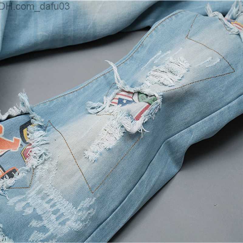 Men's Jeans Men Jeans Ripped Biker Hole Denim robin patch Harem Straight punk rock embroidery jeans for men Pants Z230720