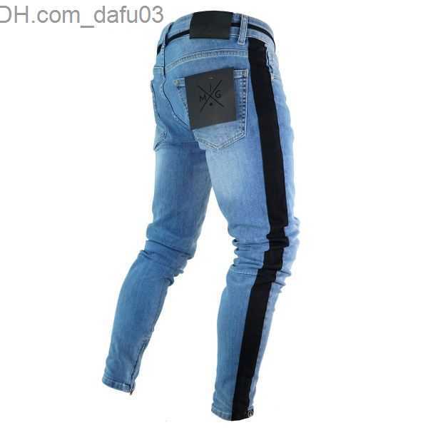 Men's Jeans Fashion-Ripped Jeans Leg Zipper Striped Biker Denim Pencil Pants Male Fit Long Trousers Pants Slim Distressed Streetwear Jeans Mens P
