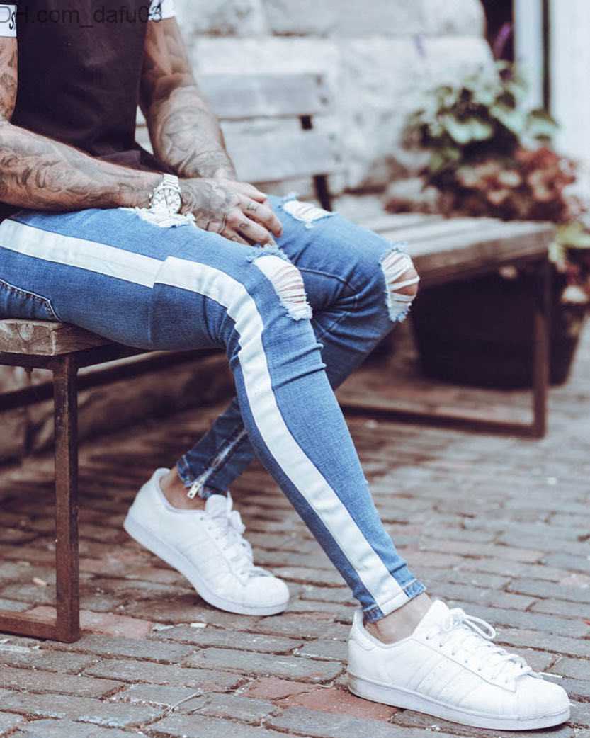 Men's Jeans Fashion-Ripped Jeans Leg Zipper Striped Biker Denim Pencil Pants Male Fit Long Trousers Pants Slim Distressed Streetwear Jeans Mens P