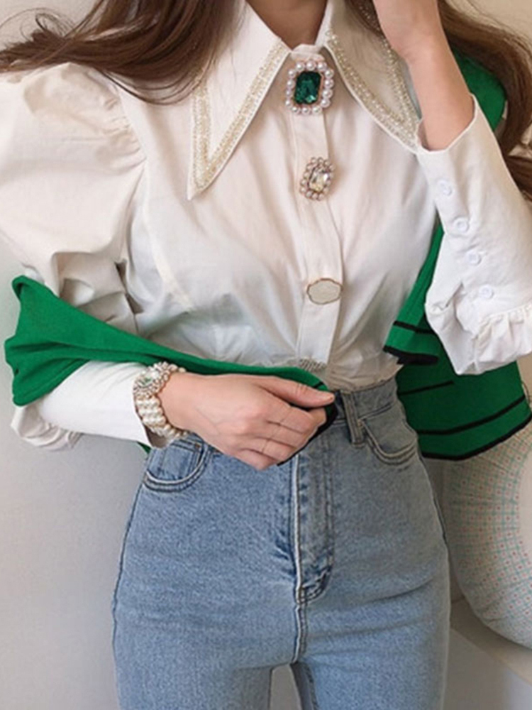 Women's Blouses Shirts Circyy Women Shirts French Vintage Blouse Spring Button Up Shirt Pointed Collar Long Puff Sleeve Pearl Button Slim White T
