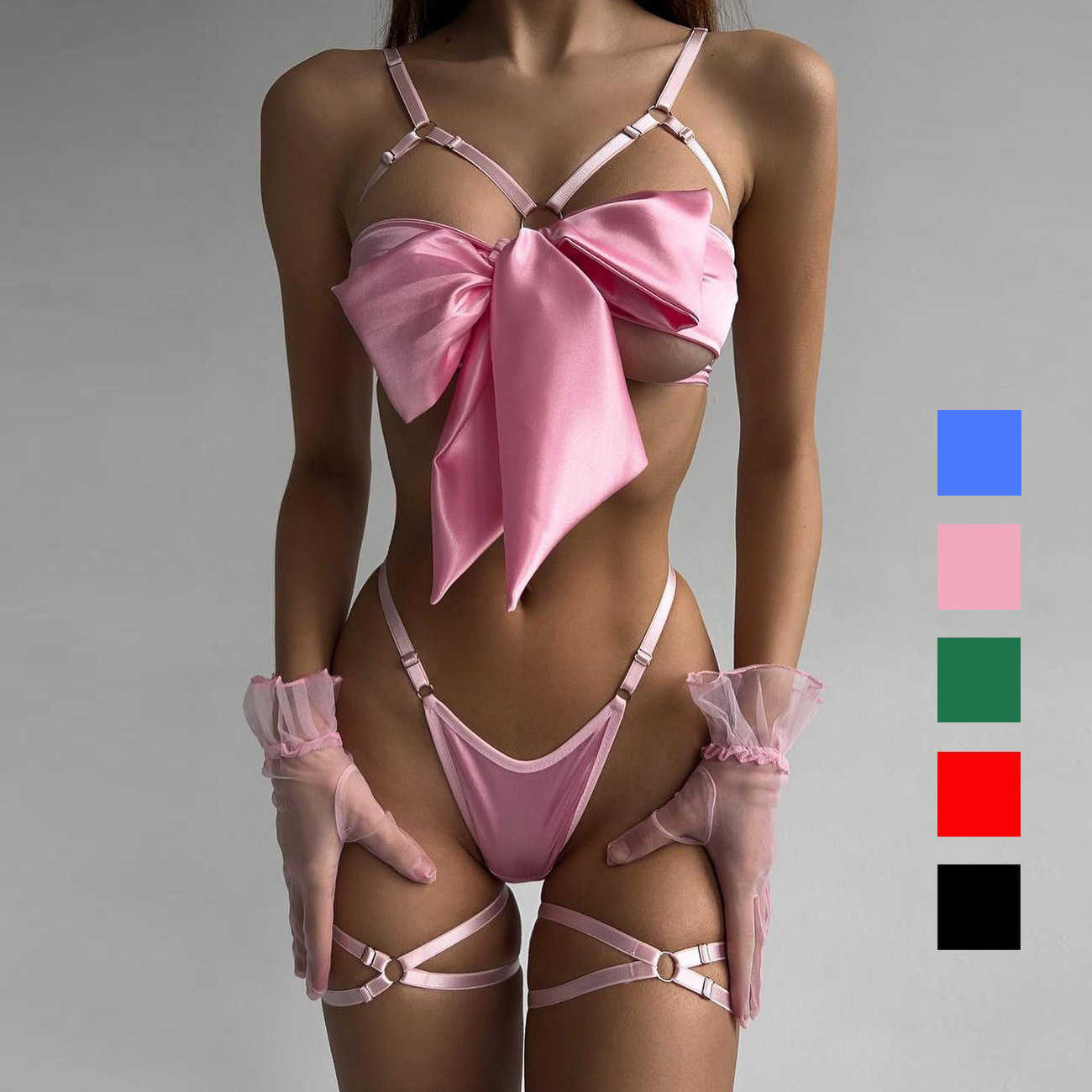 Bowknot Lingerie Open Bra Lace Up Sexy Underwear 3-Piece Satin Erotic Outfit Young Girls Uncensored Bilizna Lovely Set Of Sex