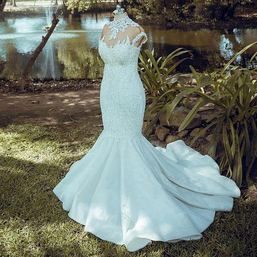 Plus Size Mermaid Wedding Dresses Arabic Aso Ebi Luxurious Lace Beaded High Neck Bridal Dresses Vintage Sexy Wedding Gowns