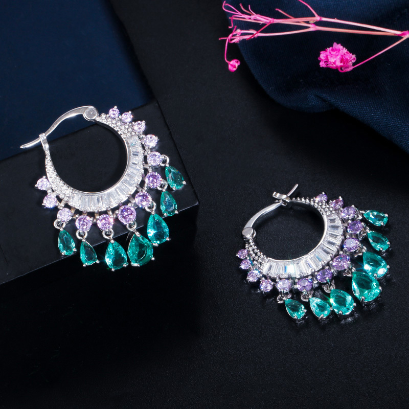 Stud CWWZircons Elegant Purple Blue CZ Crystal Dangle Water Drop Tassel Hoop Earrings Fashion Bridal Wedding Boho Jewelry CZ741 230719
