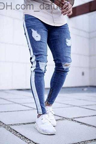 Men's Jeans Fashion-Ripped Jeans Leg Zipper Striped Biker Denim Pencil Pants Male Fit Long Trousers Pants Slim Distressed Streetwear Jeans Mens P
