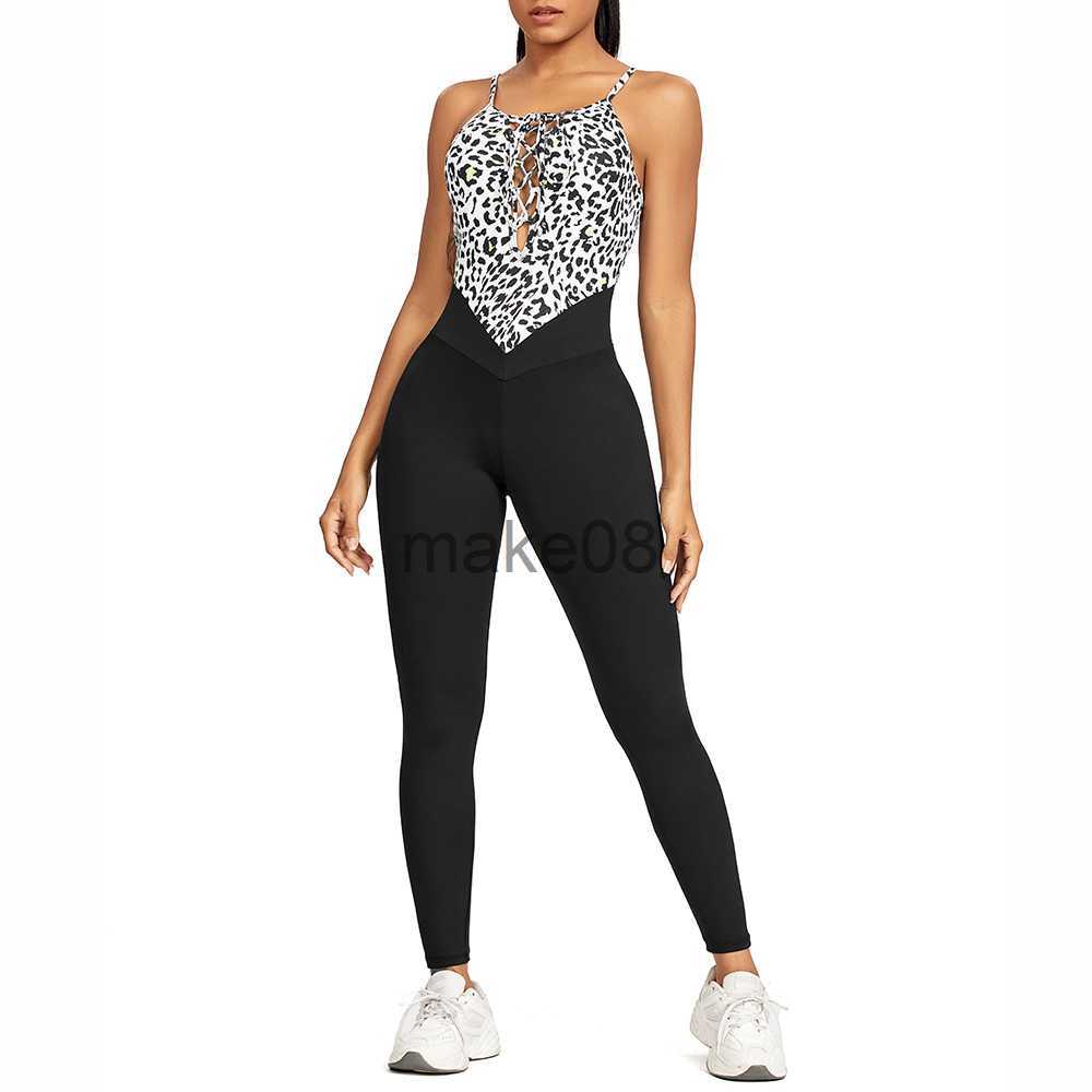 Women's Tracksuits WomenYoga Patchwork Leopard Jumpsuit Newest Catsuit Bodysuit Sleeveless Gym Bodycon Romper Sportswear Fitness Workout Yoga Sui