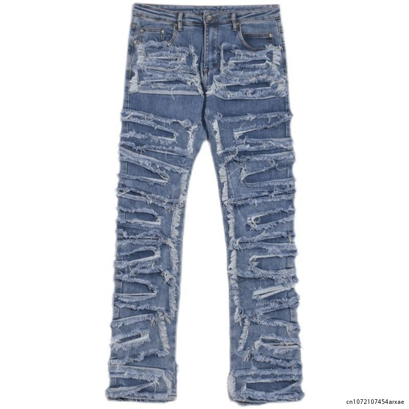 Mens Jeans Ripped Men Heavy Destroyed Slim Denim Pants Gothic Casual Trousers Male Streetwear Punk Hip Hop Black Blue Spring 230720
