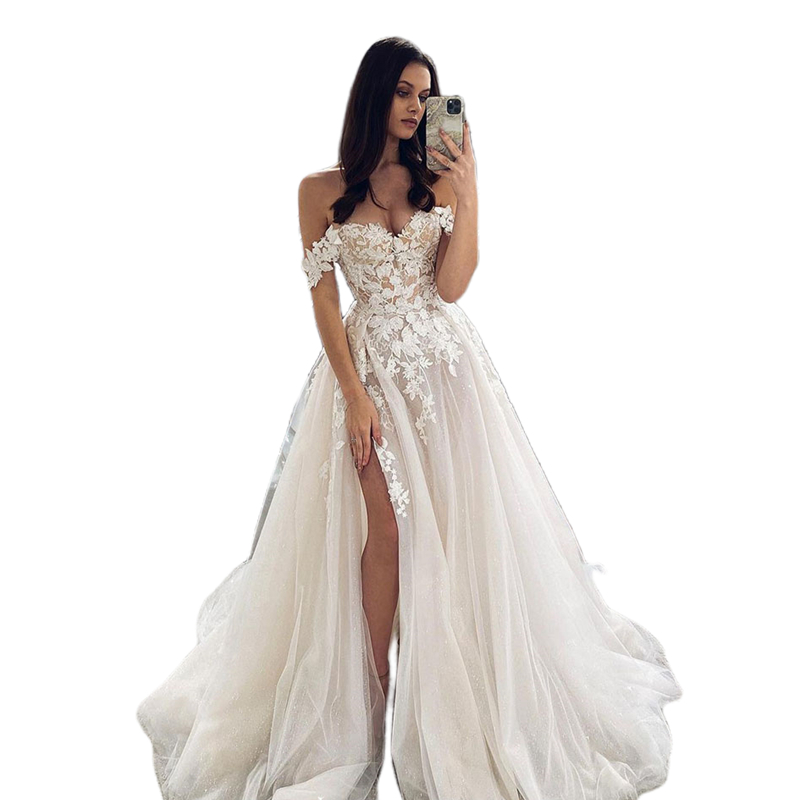 Sexy Ladies Beach Wedding Dresses Off Shoulder Lace Appliqued Boho Side High Slit Long Bridal Gowns Sleeveless Robe De Mariee 2023 Summer Noiva