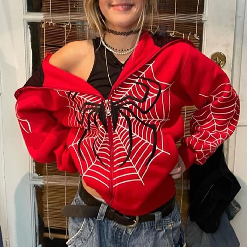 Women's Hoodies Sweatshirts Y2k Emo Women Streetwear Hoodie Spider Web Red Zip Up Hoodies Grunge Oversized Sweatshirt Gothic Harajuku Alt Jackets