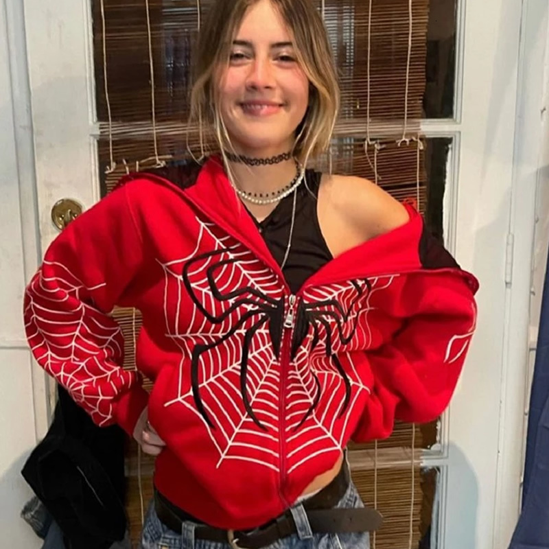 Women's Hoodies Sweatshirts Y2k Emo Women Streetwear Hoodie Spider Web Red Zip Up Hoodies Grunge Oversized Sweatshirt Gothic Harajuku Alt Jackets