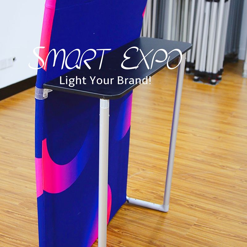 Arch Trade Show Booth with Shelving and Counter for Branding Display