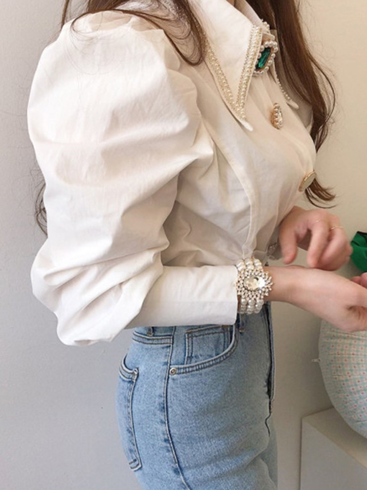 Women's Blouses Shirts Circyy Women Shirts French Vintage Blouse Spring Button Up Shirt Pointed Collar Long Puff Sleeve Pearl Button Slim White T