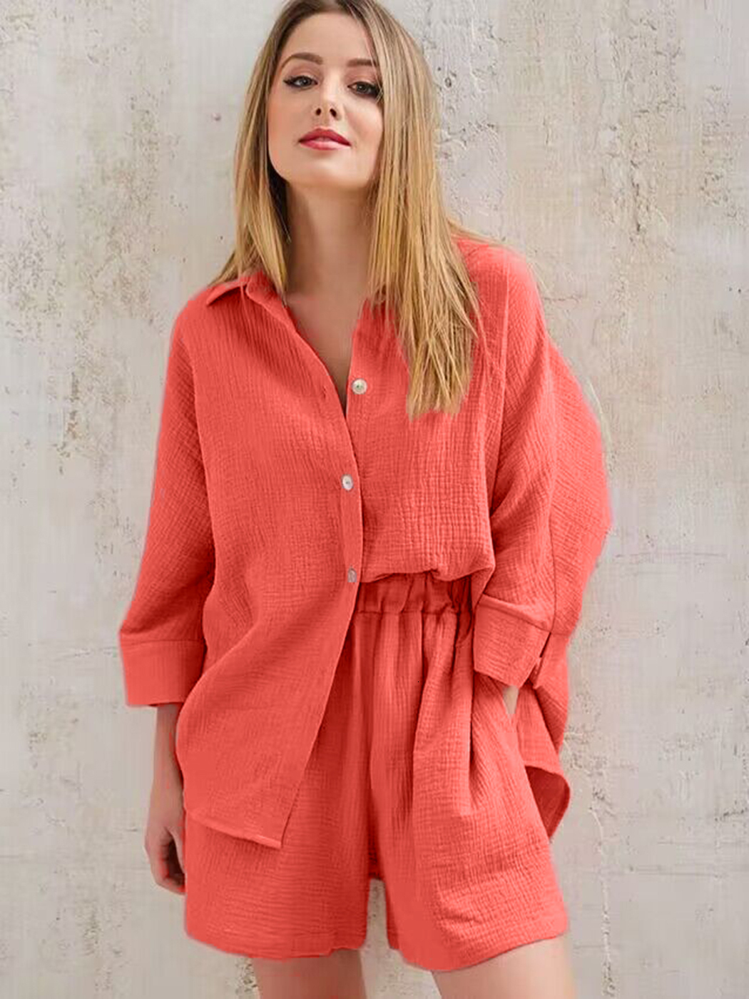 Women's Two Piece Pants Long Sleeve Shirts And Loose High Waist Mini Shorts Sets Summer Loung Wear Pajamas Suits Casual Outerwear Set 230719