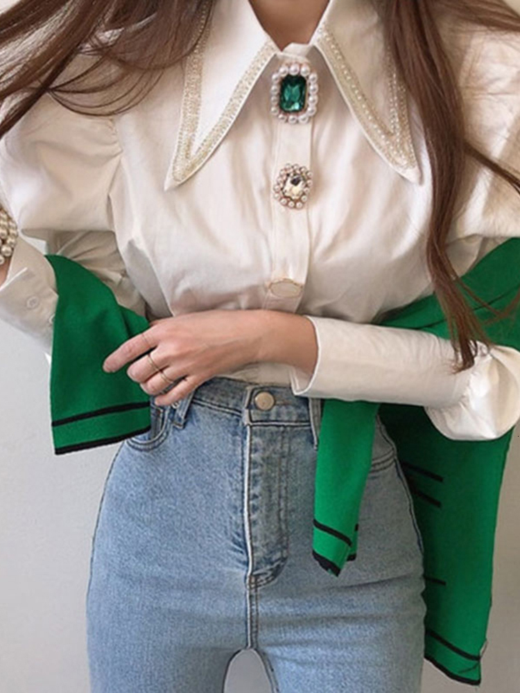 Women's Blouses Shirts Circyy Women Shirts French Vintage Blouse Spring Button Up Shirt Pointed Collar Long Puff Sleeve Pearl Button Slim White T