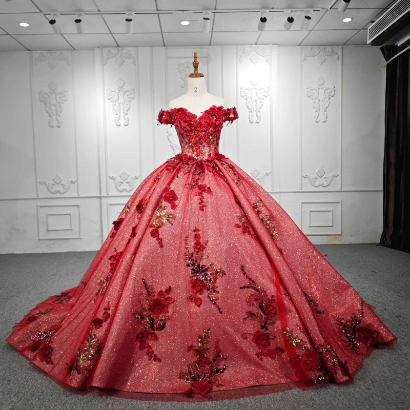 Red Shiny Off The Shoulder Quinceanera Dresses Ball Gown 3D wers Appliques Beading Crystal Corset Princess 15 vestidos de quinceanera anos Sweet 16 Dr