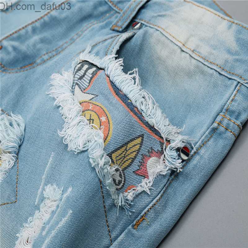 Men's Jeans Men Jeans Ripped Biker Hole Denim robin patch Harem Straight punk rock embroidery jeans for men Pants Z230720