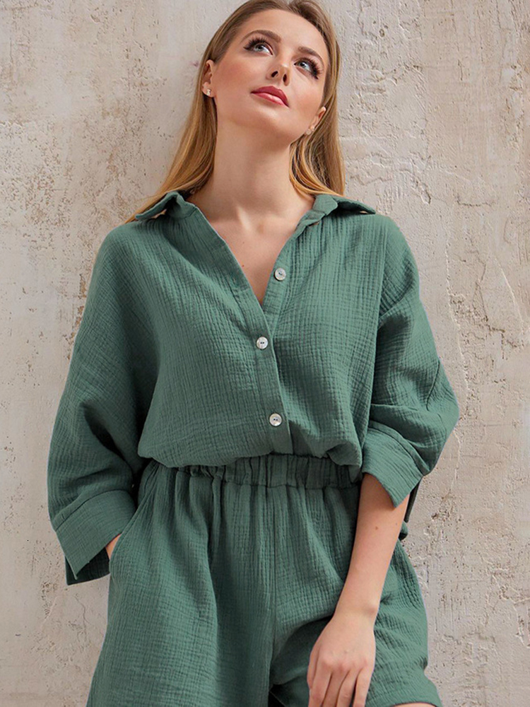 Women's Two Piece Pants Long Sleeve Shirts And Loose High Waist Mini Shorts Sets Summer Loung Wear Pajamas Suits Casual Outerwear Set 230719