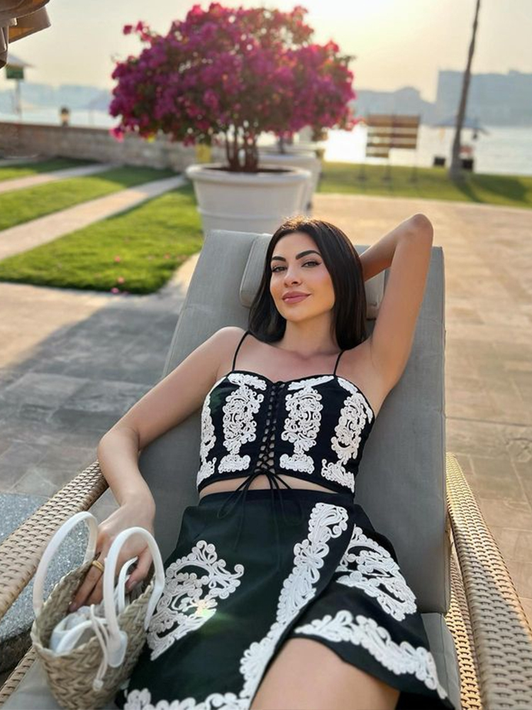 Urban Sexy Dresses Embroidery Short Skirts Set 2023 Summer Baddie Two Piece Set Female Croppd Chic Tops Asymmetrical Mini Outfits 230720