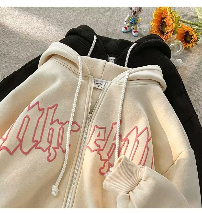 Women's Hoodies Sweatshirts Letter Embroidery Zip Up Hoodies Women Long Sleeve Loose Top Harajuku Gothic Big Size Hooded Sweatshirt Jacket Coats 