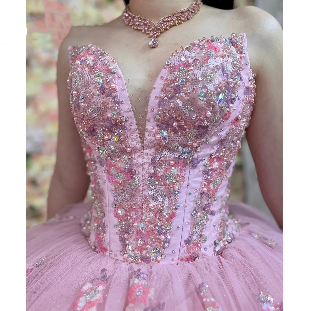Sparky Princess Pink Quinceanera Dresses Sequins Lace Appliques Sweet Corset Mexican Prom Party Ball Gowns Vestido De