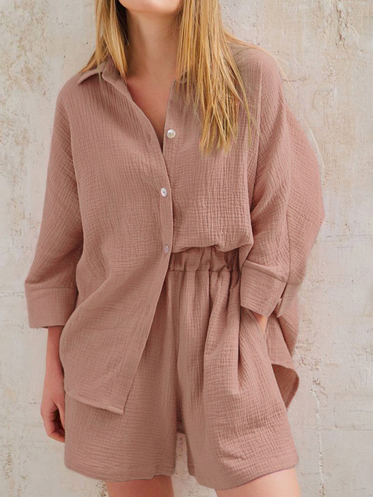 Women's Two Piece Pants Long Sleeve Shirts And Loose High Waist Mini Shorts Sets Summer Loung Wear Pajamas Suits Casual Outerwear Set 230719