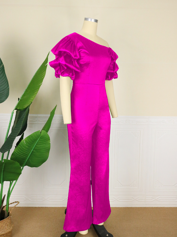 Women's Jumpsuits Rompers Women Jumpsuits Shiny Skew Collar Puff Sleeves High Waist Slim Elegant Office Ladies Summer Fashion Party Elegant 23071