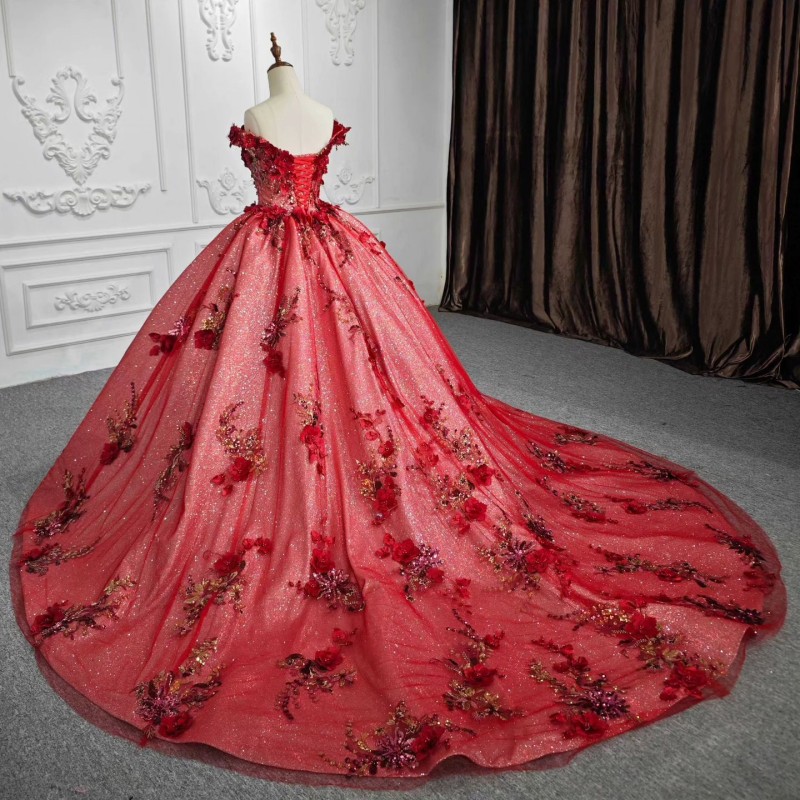 Red Shiny Off The Shoulder Quinceanera Dresses Ball Gown 3D wers Appliques Beading Crystal Corset Princess 15 vestidos de quinceanera anos Sweet 16 Dr