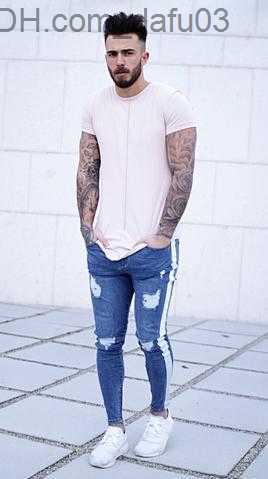 Men's Jeans Fashion-Ripped Jeans Leg Zipper Striped Biker Denim Pencil Pants Male Fit Long Trousers Pants Slim Distressed Streetwear Jeans Mens P