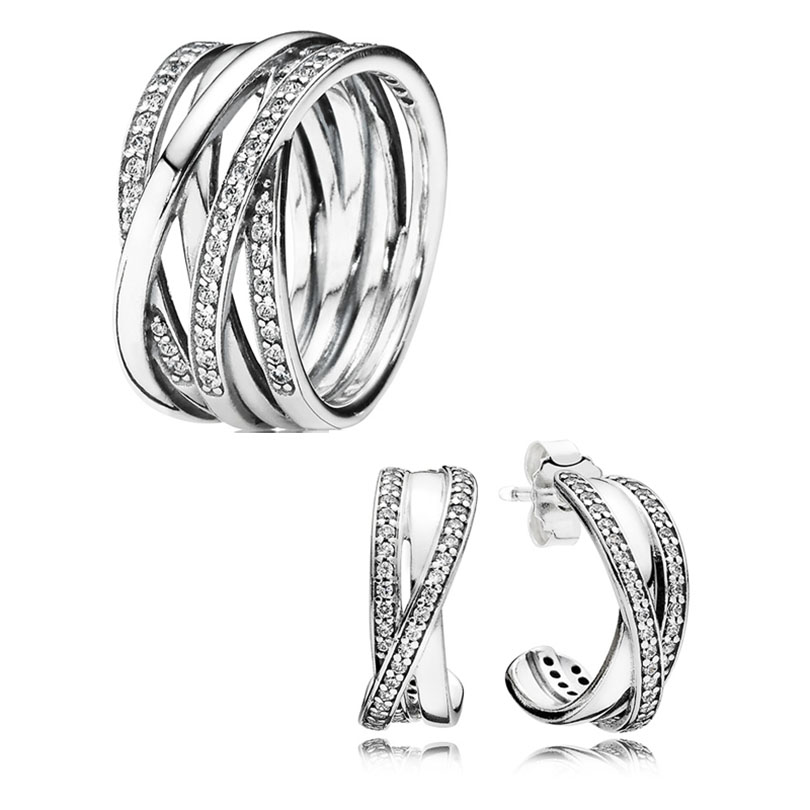 Sparkling Polished Lines Ring & Hoop Earrings SET Authentic 925 Sterling Silver Luxurious RING Women Wedding Party Jewelry set Diamond Earrings ring with Retail Box
