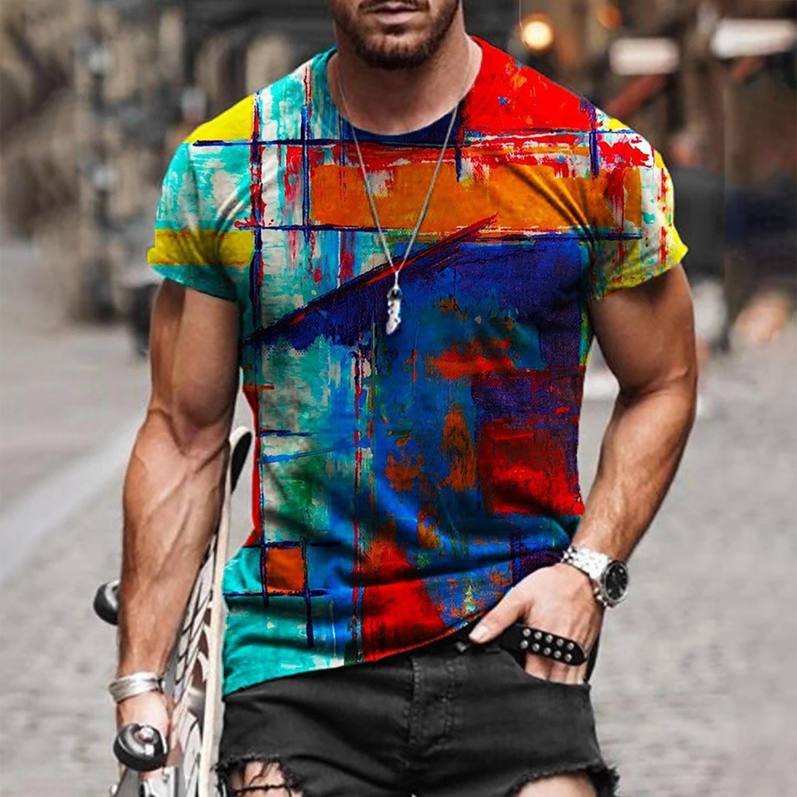 Mens TShirts Retro Abstract Pattern Printed Tshirt Colorful Top Harajuku 3D Patch Work Casual Street Clothing Short Sleeve Daily Wear 230720
