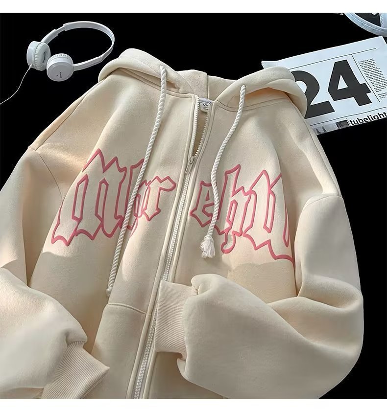 Women's Hoodies Sweatshirts Letter Embroidery Zip Up Hoodies Women Long Sleeve Loose Top Harajuku Gothic Big Size Hooded Sweatshirt Jacket Coats 