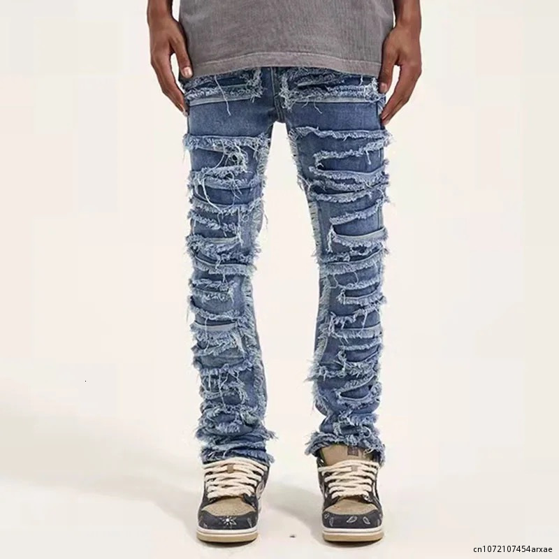 Mens Jeans Ripped Men Heavy Destroyed Slim Denim Pants Gothic Casual Trousers Male Streetwear Punk Hip Hop Black Blue Spring 230720