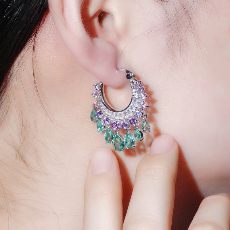 Stud CWWZircons Elegant Purple Blue CZ Crystal Dangle Water Drop Tassel Hoop Earrings Fashion Bridal Wedding Boho Jewelry CZ741 230719