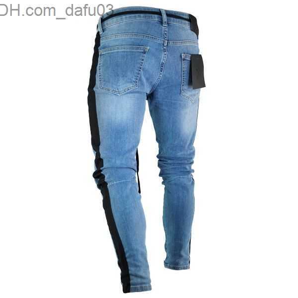 Men's Jeans Fashion-Ripped Jeans Leg Zipper Striped Biker Denim Pencil Pants Male Fit Long Trousers Pants Slim Distressed Streetwear Jeans Mens P