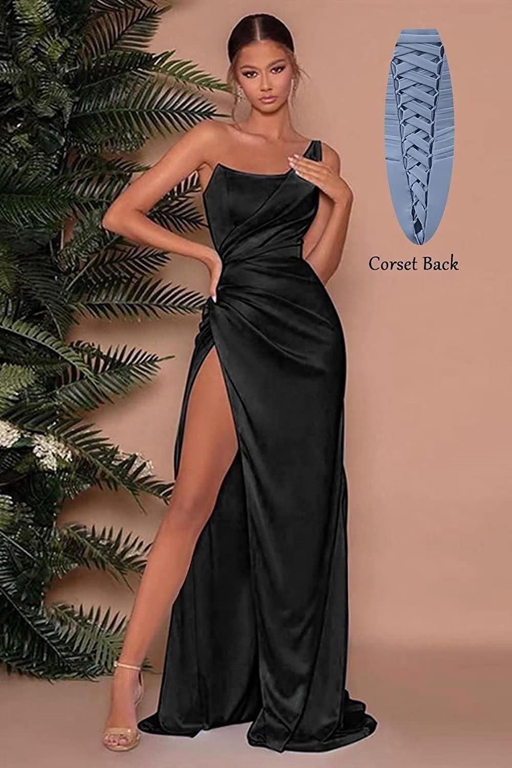 Black One Shoulder Bridesmaid Dress, Mermaid Thigh Split, Elastic Satin, Formal Evening Prom Gown, 2024 Collection