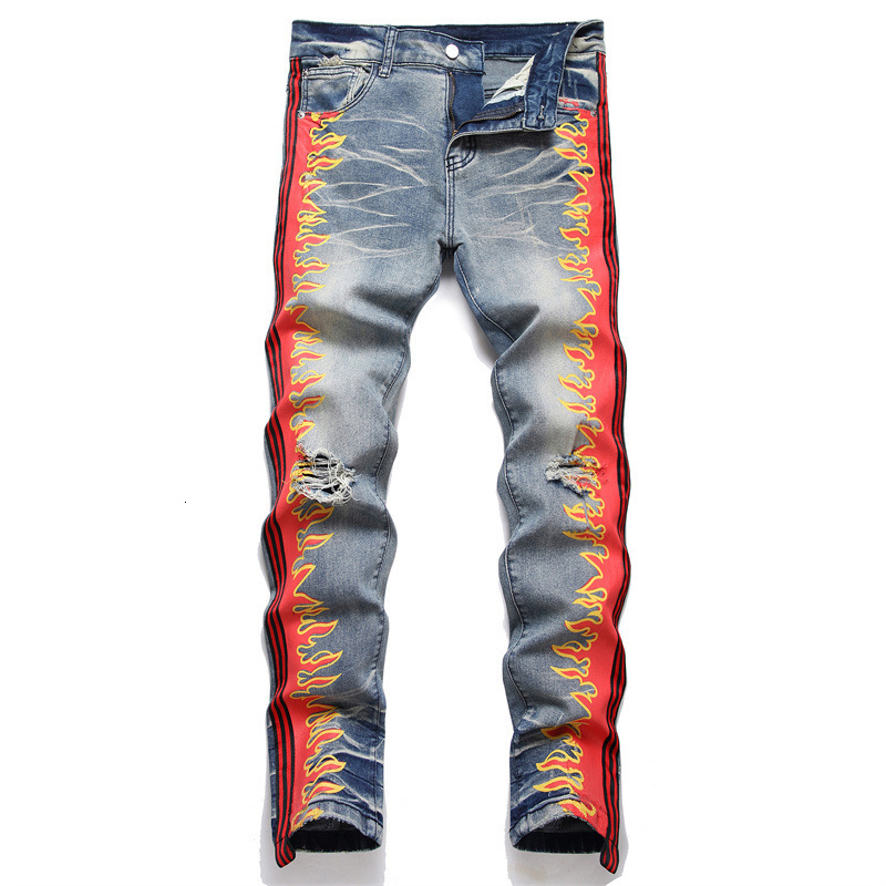 Mens Jeans Fall Punk Men Fashion Ripped Flame Print MidWaist Casual Slim Stretch Streetwear 230720