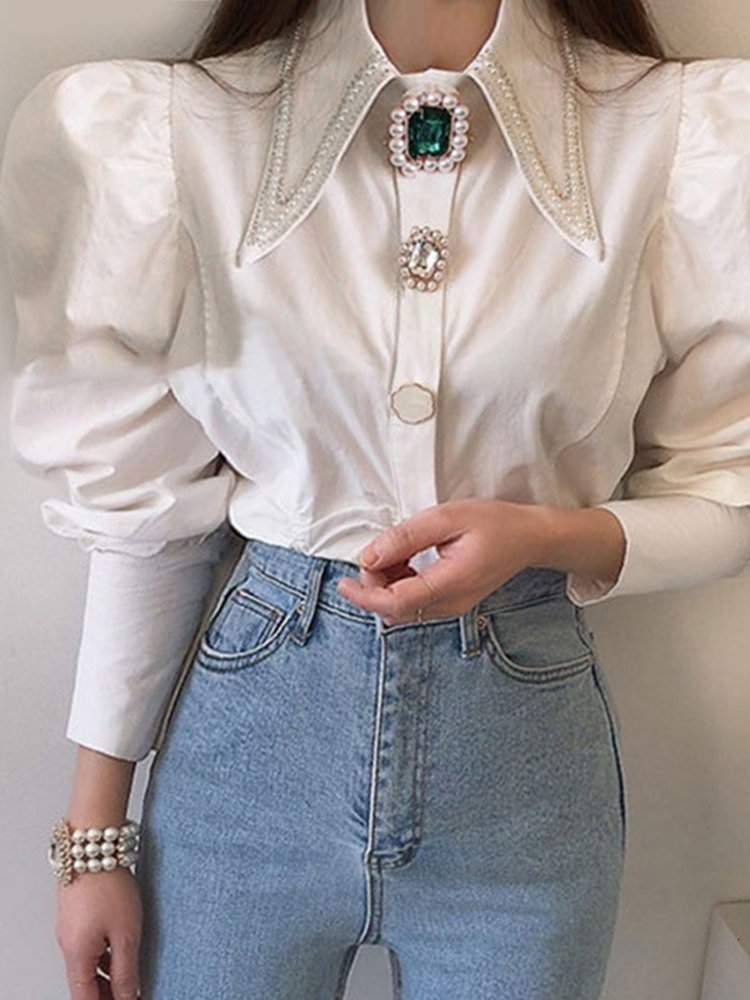 Women's Blouses Shirts Circyy Women Shirts French Vintage Blouse Spring Button Up Shirt Pointed Collar Long Puff Sleeve Pearl Button Slim White T
